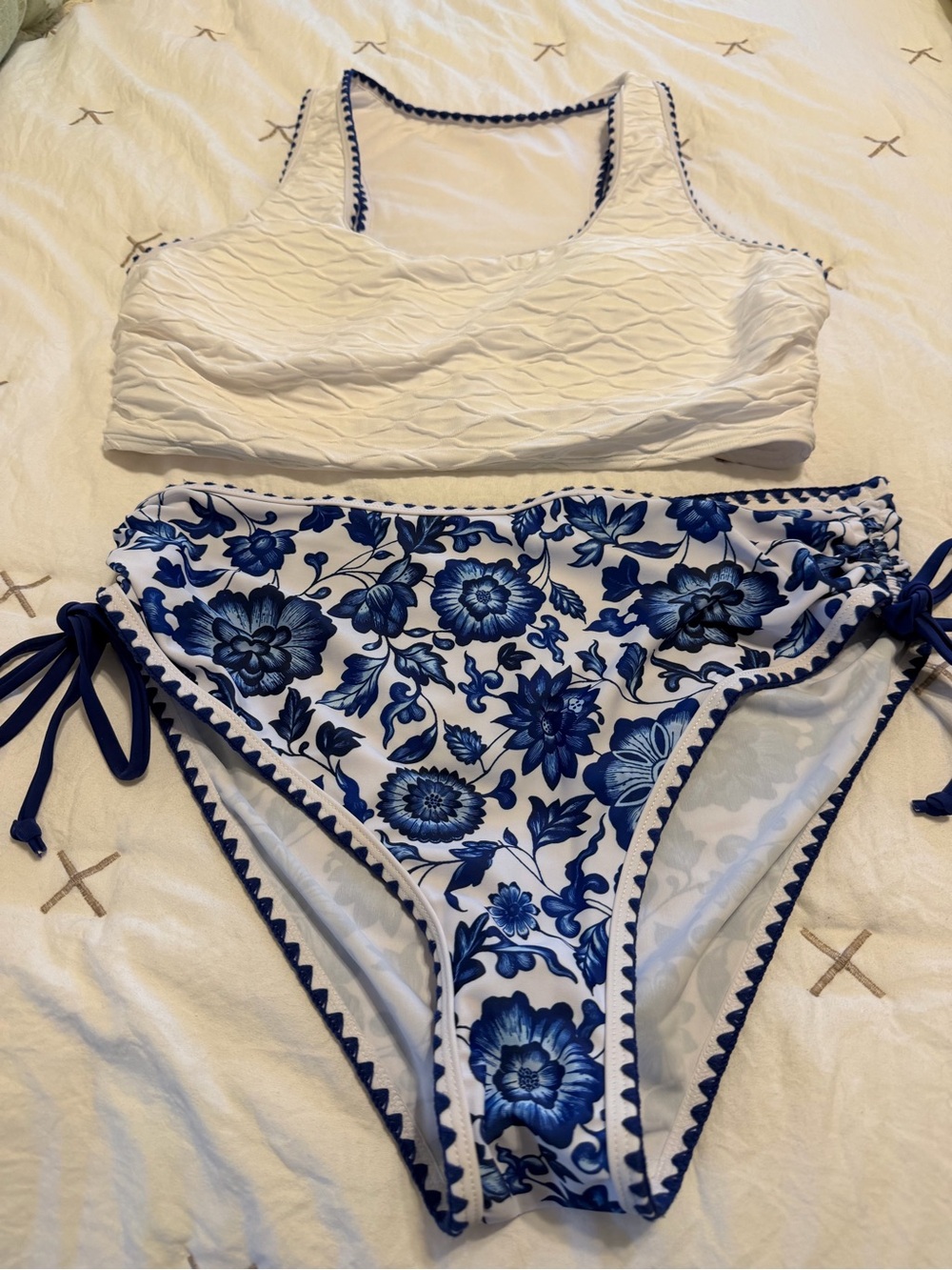 White & Blue Floral High-Waist Bikini Set